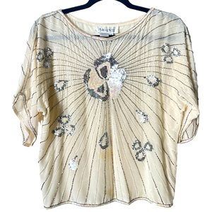 Argenti Vintage 100%‎ Silk Beaded Sequin Top Ivory and Silver small